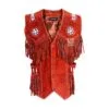 Men's Rust Red Suede Fringe Vest with Beaded Medallions crafted from genuine suede leather