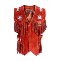 Men's Rust Red Suede Fringe Vest with Beaded Medallions crafted from genuine suede leather
