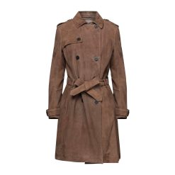 Women Brown Suede Leather Trench Coat, E23531