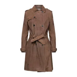 Women Brown Suede Leather Trench Coat, E23531