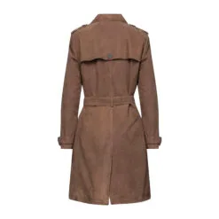 Women Brown Suede Leather Trench Coat, E23531