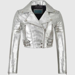 Women Metallic Silver Leather Short Jacket WMJ4