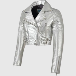Women Metallic Silver Leather Short Jacket WMJ4