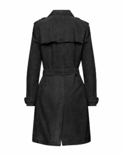 Women Black Suede Leather Trench Coat, E23530