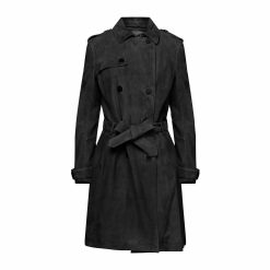 Women Black Suede Leather Trench Coat, E23530