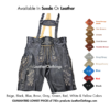 Men’s black German lederhosen in genuine leather with traditional embroidered floral patterns on the bib, pockets, and leg sides, featuring button closures, adjustable suspenders, and side knife pocket