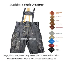 Men’s black German lederhosen in genuine leather with traditional embroidered floral patterns on the bib, pockets, and leg sides, featuring button closures, adjustable suspenders, and side knife pocket