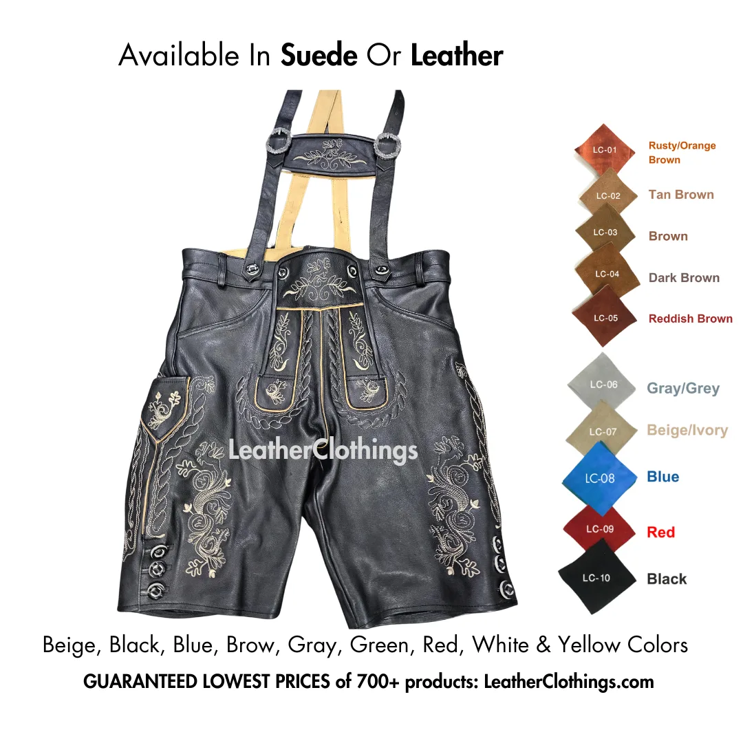 Men’s black German lederhosen in genuine leather with traditional embroidered floral patterns on the bib, pockets, and leg sides, featuring button closures, adjustable suspenders, and side knife pocket