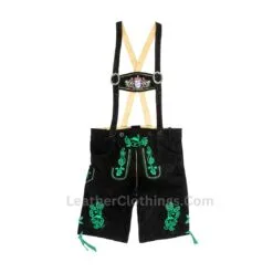 Men's Bavarian black suede lederhosen with emerald green Alpine embroidery and traditional suspenders