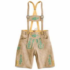 Bavarian Style Lederhosen Men in Chic Black with premium leather, green Bavarian embroidery, adjustable suspenders, and traditional front flap