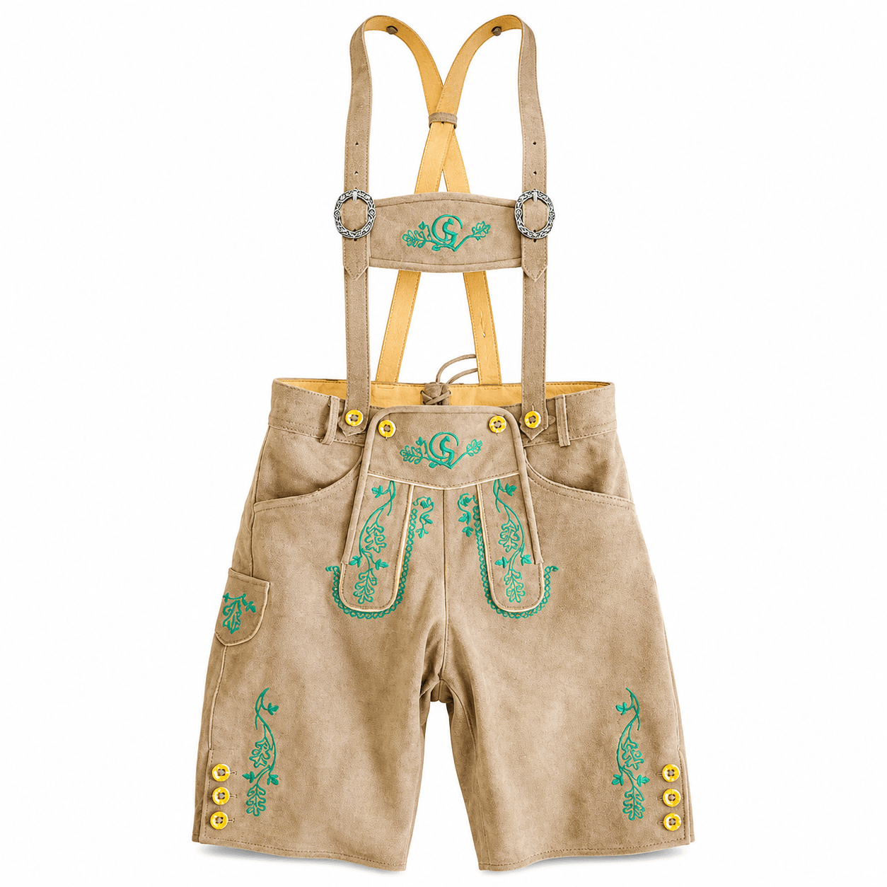 Bavarian Style Lederhosen Men in Chic Black with premium leather, green Bavarian embroidery, adjustable suspenders, and traditional front flap