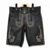Men's Black Embroidered Lederhosen in genuine black leather with beige deer embroidery and suspenders