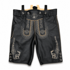 Front view of black premium leather lederhosen with traditional deer embroidery, decorative front flap, horn-style buttons, and authentic Bavarian craftsmanship on a studio white background.