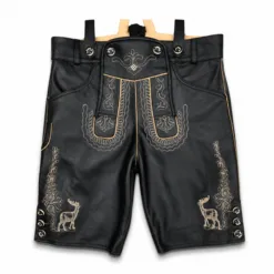Men's Black Embroidered Lederhosen in genuine black leather with beige deer embroidery and suspenders