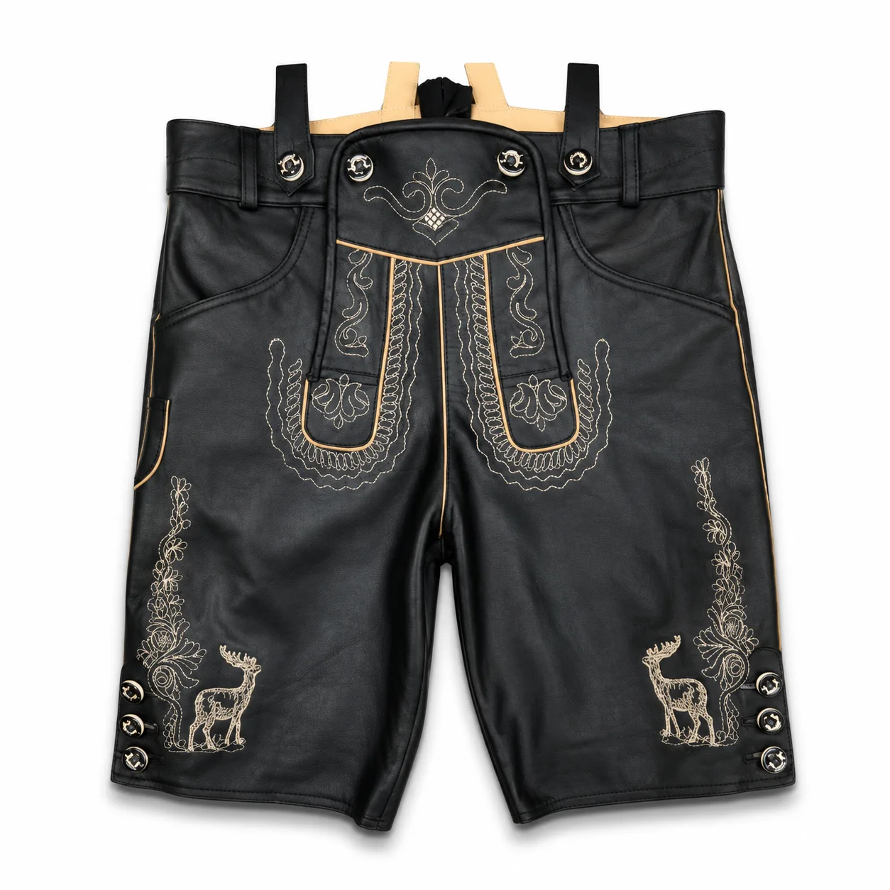 Men's Black Embroidered Lederhosen in genuine black leather with beige deer embroidery and suspenders