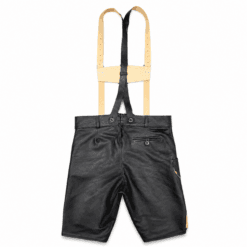 Black premium leather lederhosen for men rear view with adjustable suspenders and back zipper pocket
