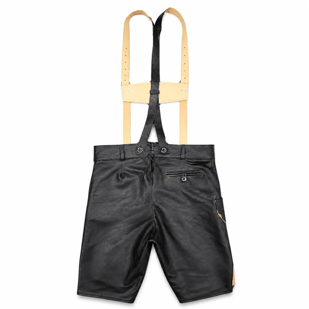 Back view of Men's Black Embroidered Lederhosen with adjustable leather suspenders