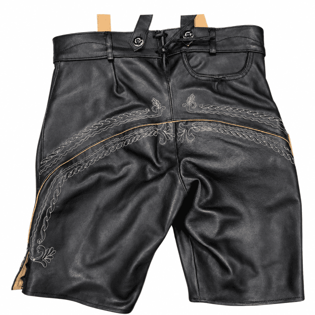 Rear view of black premium leather lederhosen featuring traditional beige embroidery, decorative braided stitching, rear pocket, and authentic Bavarian craftsmanship.