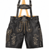 Black premium leather lederhosen with embroidered floral motifs, braided front detailing, side knife pocket, decorative horn-style buttons, and adjustable suspenders on a studio white background.