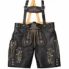 Men's black leather lederhosen with light beige Alpine floral embroidery and matching suspenders