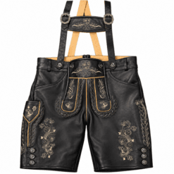 Black premium leather lederhosen with embroidered floral motifs, braided front detailing, side knife pocket, decorative horn-style buttons, and adjustable suspenders on a studio white background.