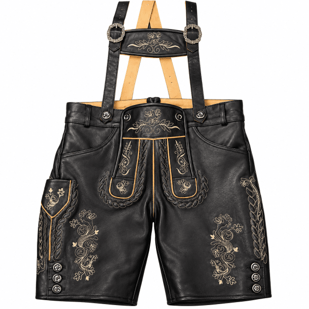 Men's black leather lederhosen with light beige Alpine floral embroidery and matching suspenders