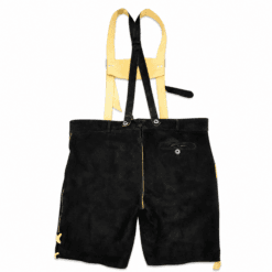 Black suede lederhosen for men rear view with adjustable suspenders and back button pocket