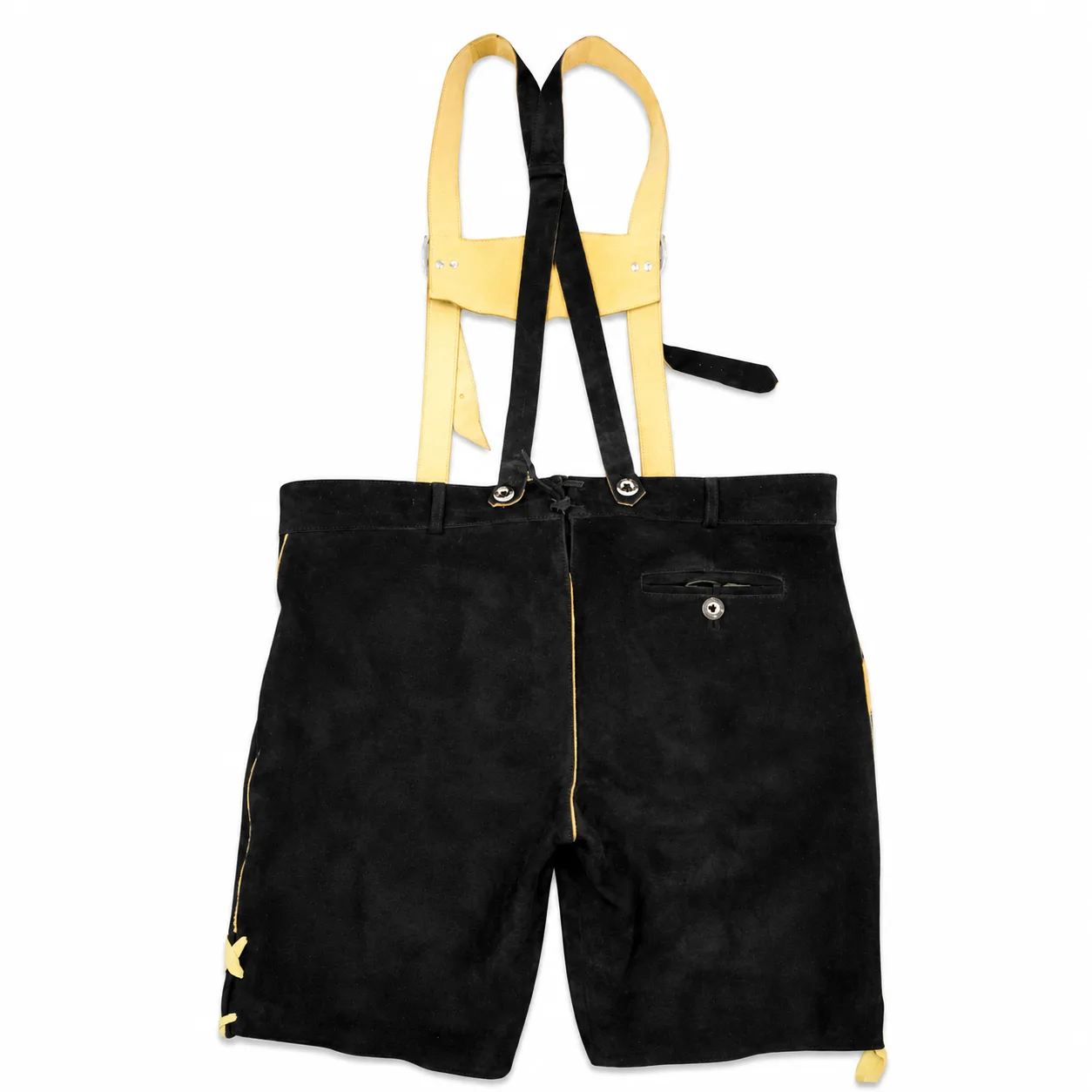 Rear view of Mens Bavarian Raven Black Lederhosen with matching leather suspenders