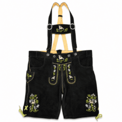 Black suede lederhosen for men with green floral embroidery and traditional Bavarian suspenders