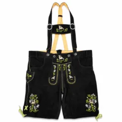Mens Bavarian Raven Black Lederhosen in genuine leather with bird and Edelweiss embroidery