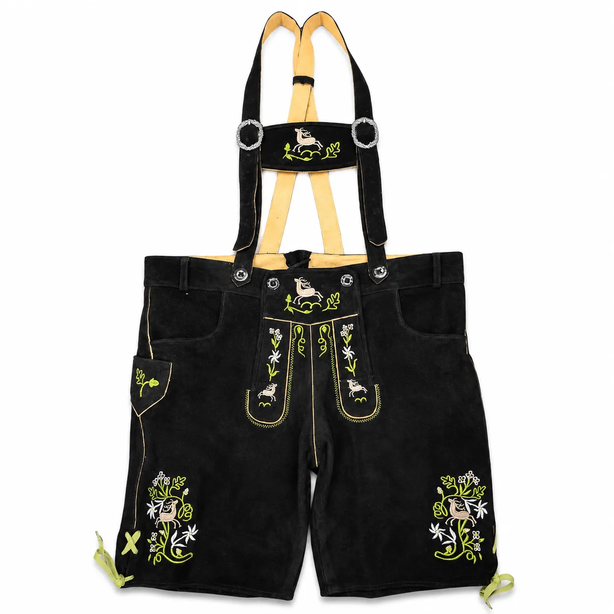 Mens Bavarian Raven Black Lederhosen in genuine leather with bird and Edelweiss embroidery