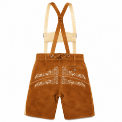 Back view of brown suede Bavarian lederhosen with embroidered rear panel, adjustable suspenders, and traditional Alpine craftsmanship.