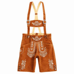 Brown suede Bavarian lederhosen with traditional white embroidery and adjustable suspenders, front studio view.