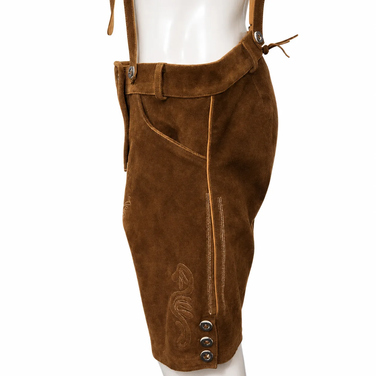 Side view of Men’s Antique Brown Lederhosen featuring floral embroidery and decorative buttons