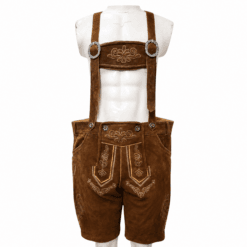 Brown traditional men's lederhosen front view with embroidered flap, matching suspenders, decorative floral stitching, and studio white background.