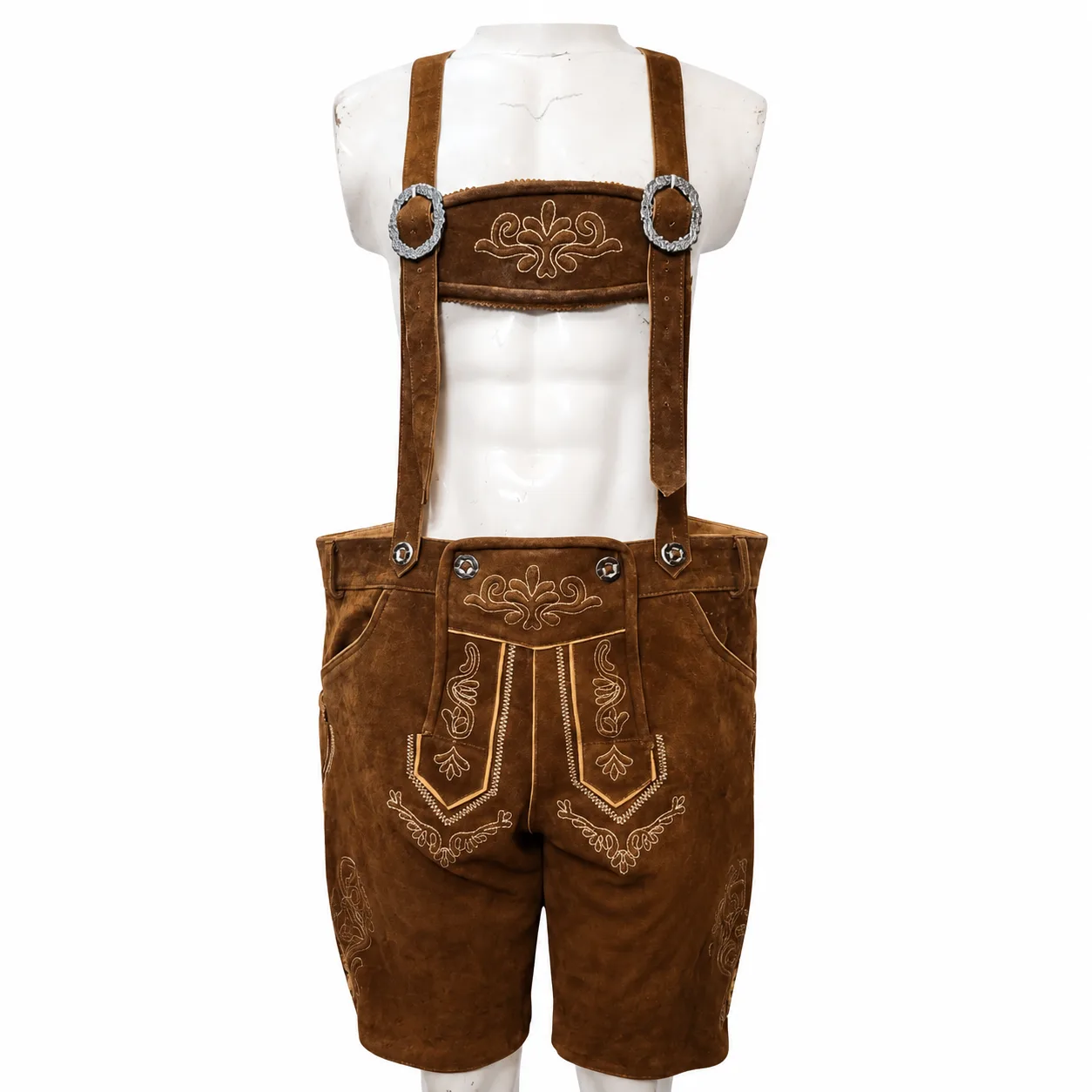 Men’s Antique Brown Lederhosen in genuine leather with beige Bavarian embroidery and suspenders