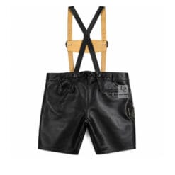 Handcrafted Vintage German Premium Black Leather Lederhosen with beige deer skull and wolf embroidery