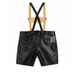 Handcrafted Vintage German Premium Black Leather Lederhosen with beige deer skull and wolf embroidery