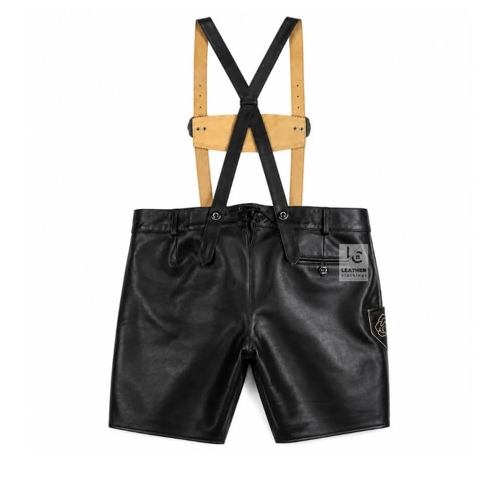 Handcrafted Vintage German Premium Black Leather Lederhosen with beige deer skull and wolf embroidery