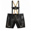 Handcrafted Vintage German Premium Black Leather Lederhosen with beige deer skull and wolf embroidery