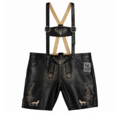 Handcrafted Vintage German Premium Black Leather Lederhosen with beige deer skull and wolf embroidery