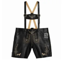 Handcrafted Vintage German Premium Black Leather Lederhosen with beige deer skull and wolf embroidery