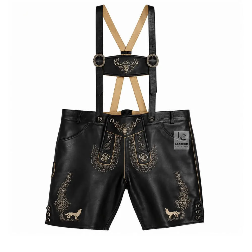 Handcrafted Vintage German Premium Black Leather Lederhosen with beige deer skull and wolf embroidery