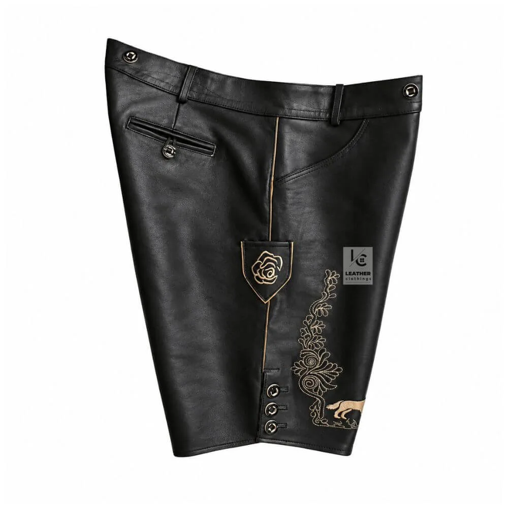 Handcrafted Vintage German Premium Black Leather Lederhosen with beige deer skull and wolf embroidery
