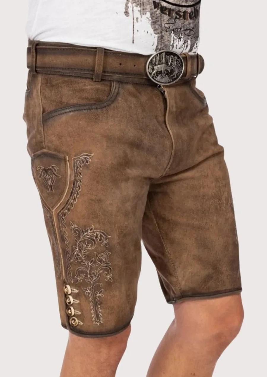 Men's brown traditional lederhosen handcrafted from genuine leather with antique beige Alpine embroidery and vintage deer buckle