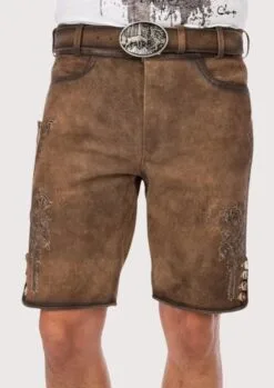 Men's brown traditional lederhosen handcrafted from genuine leather with antique beige Alpine embroidery and vintage deer buckle