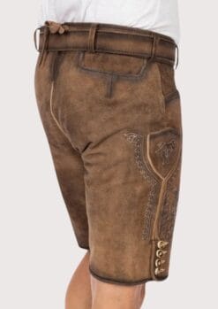 Men's brown traditional lederhosen handcrafted from genuine leather with antique beige Alpine embroidery and vintage deer buckle