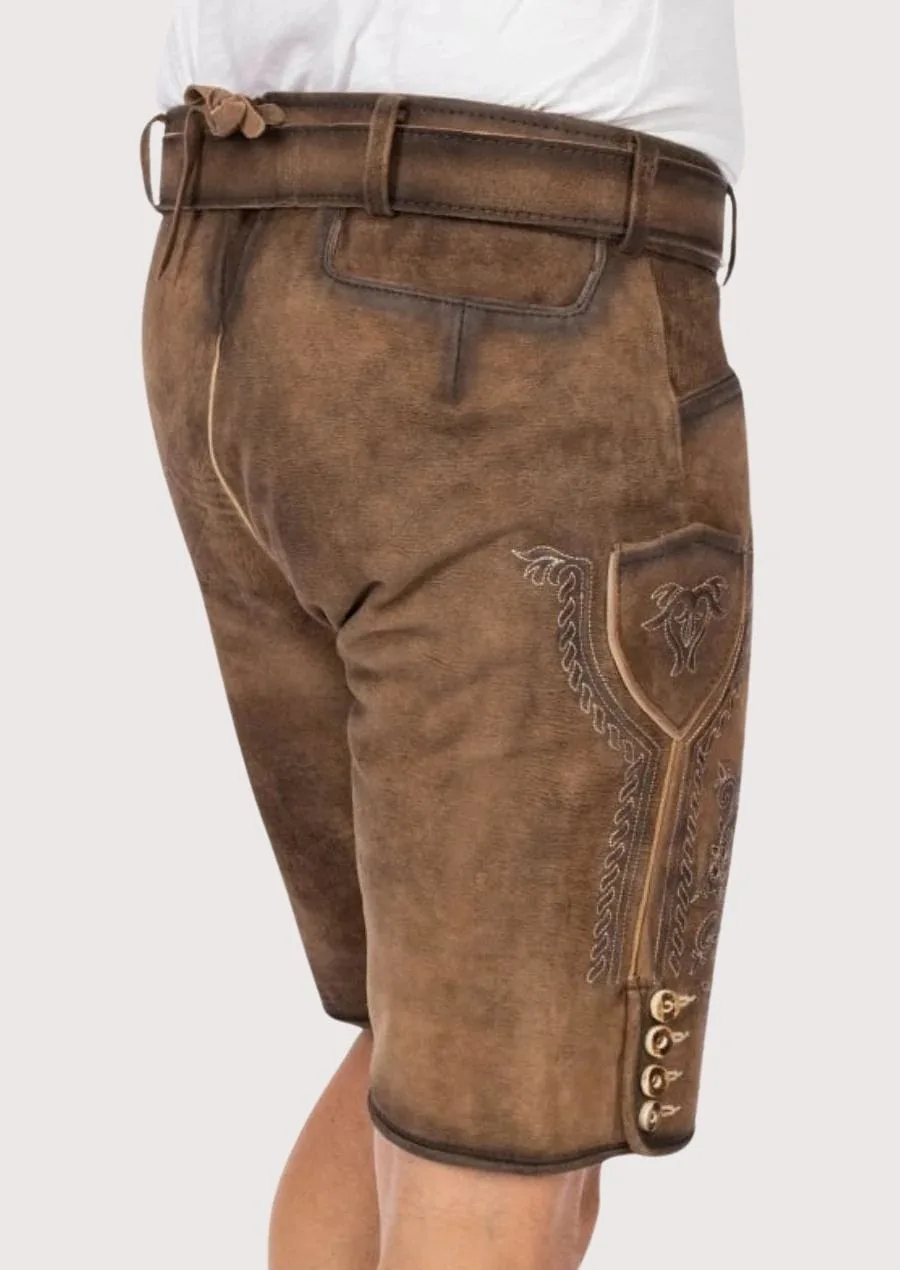 Men's brown traditional lederhosen handcrafted from genuine leather with antique beige Alpine embroidery and vintage deer buckle