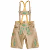 Men's cream suede lederhosen shorts with turquoise Alpine embroidery and matching leather suspenders