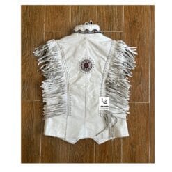 Men's White Fringed Leather Western Vest with Beaded Accents front and back views